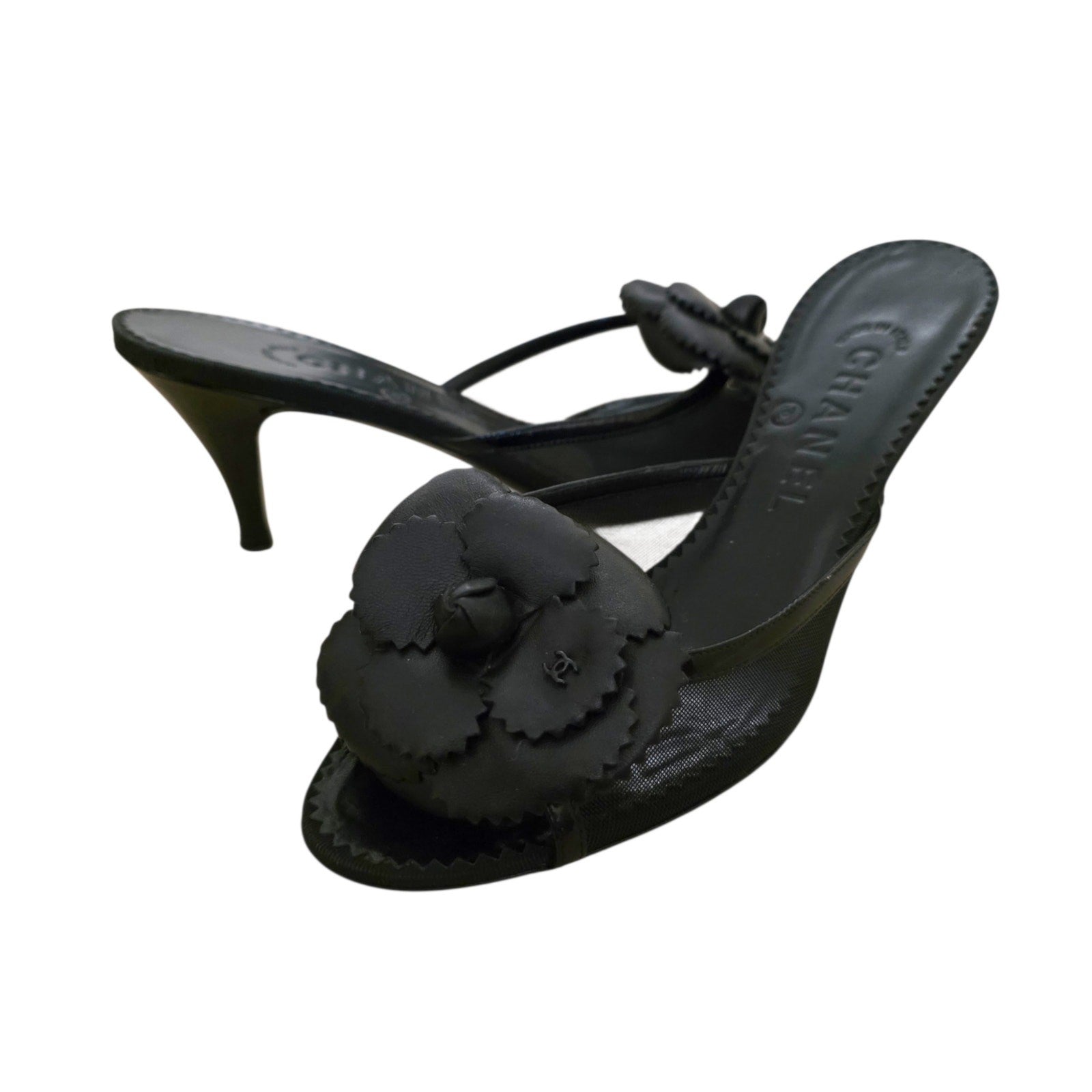 Chanel Mesh Camellia Flower Mules, Black Peep Toe Heels