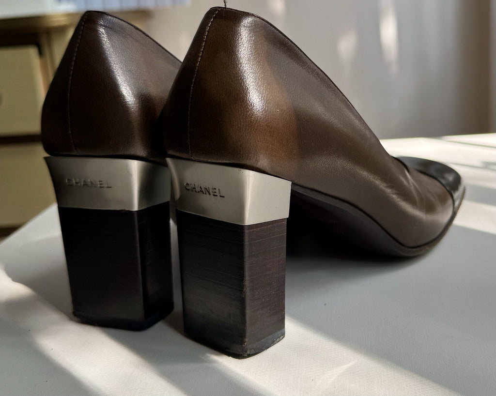 Chanel Two-Tone Metallic Silver and Brown Leather Cap Toe Pumps
