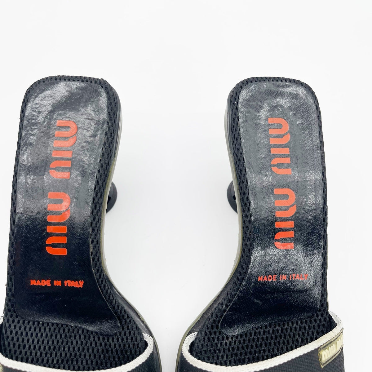 Miu Miu Black Mesh Logo Kitten Heel Mules