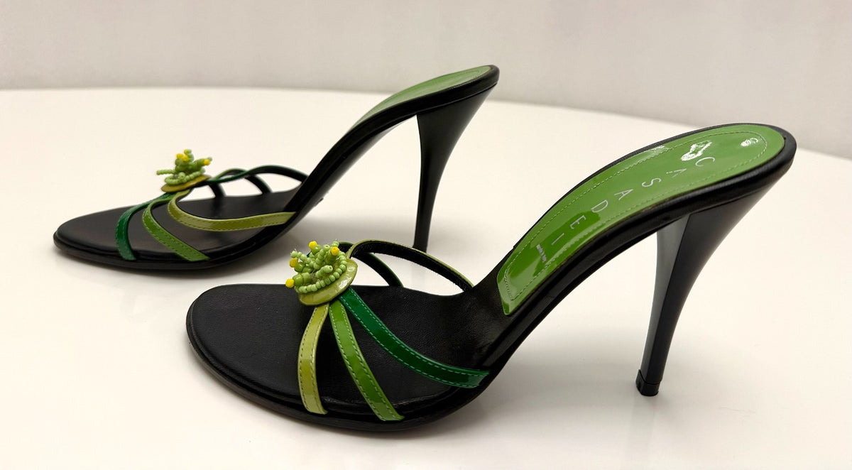 Casadei Vintage Deadstock Green Ombré Beaded Patent Leather Mules