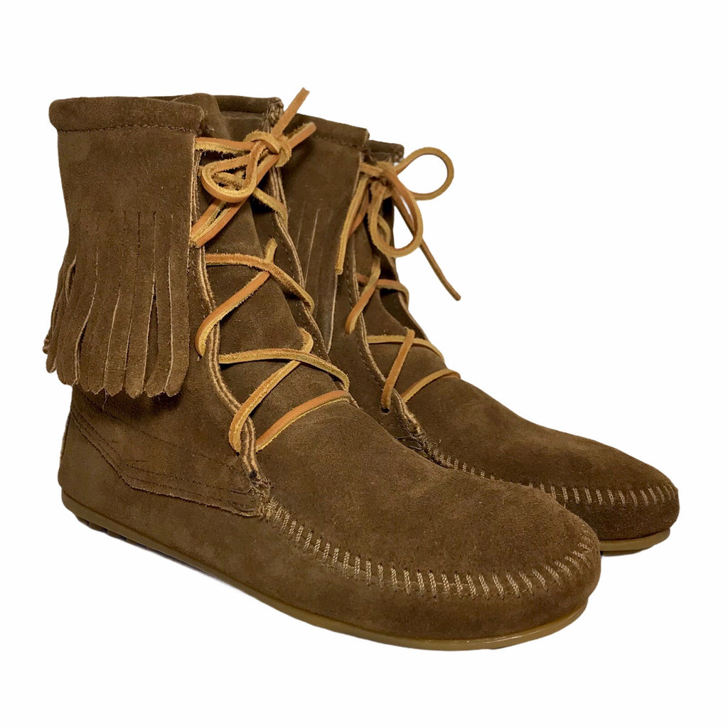 Minnetonka Tramper Fringe Ankle Moccasin Boots, Brown Suede