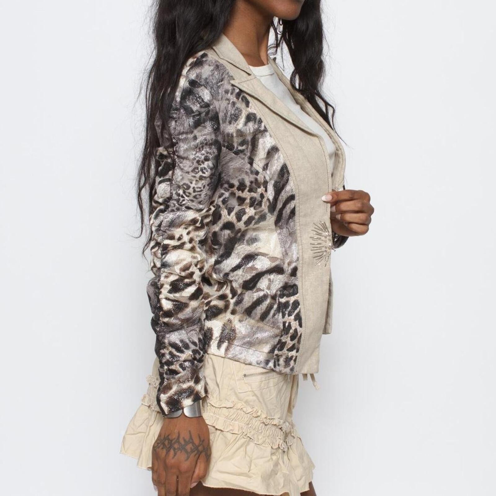 Alberto Makali Leopard Mesh Cropped Blazer, Rhinestone Detail