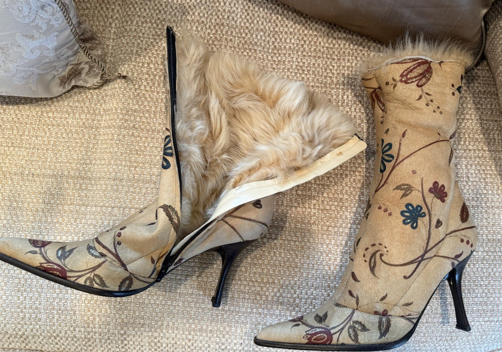 Roberto Cavalli Hand-Painted Floral Fur-Lined Heeled Boots