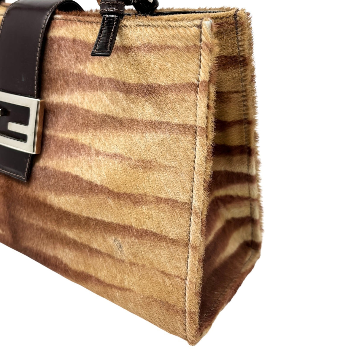 Fendi Vintage FF Logo Calf Hair Shoulder Bag, Brown & Silver