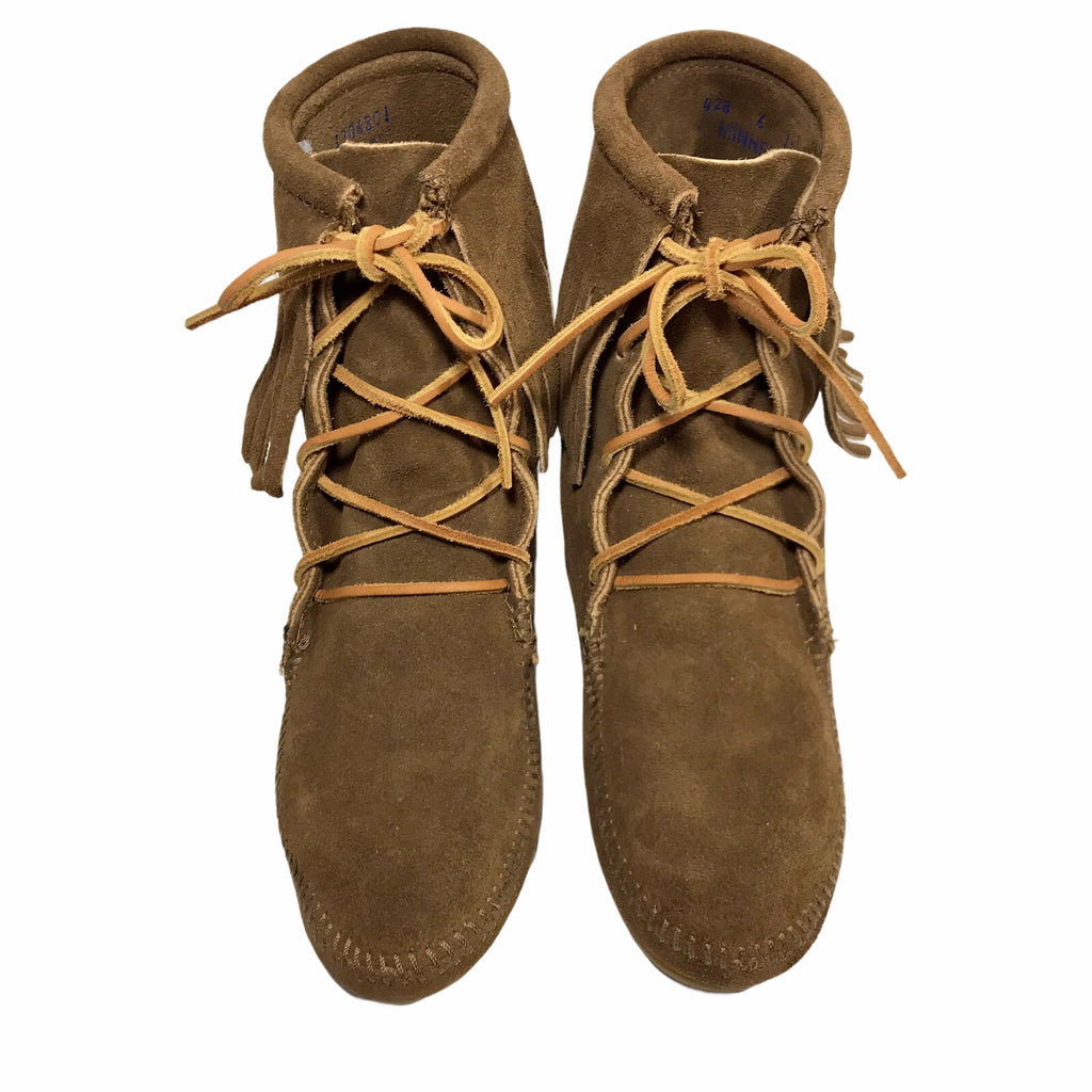 Minnetonka Tramper Fringe Ankle Moccasin Boots, Brown Suede