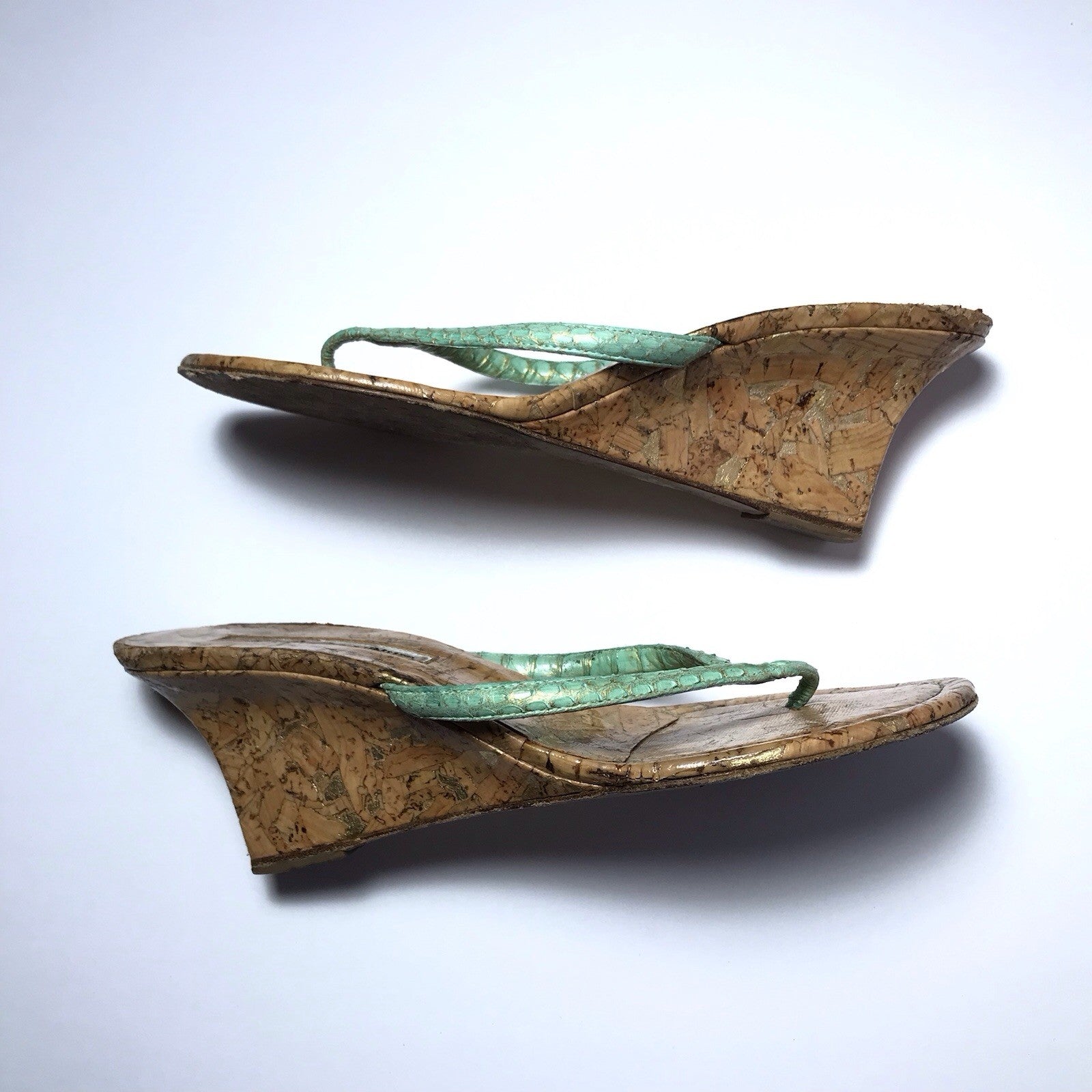 Manolo Blahnik Paterno Green Snake-Print Cork Wedge Sandals