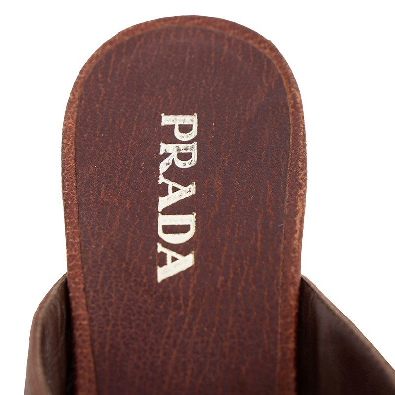 Prada Vintage Brown Grained Leather Heart Accent Kitten Heel Sandals