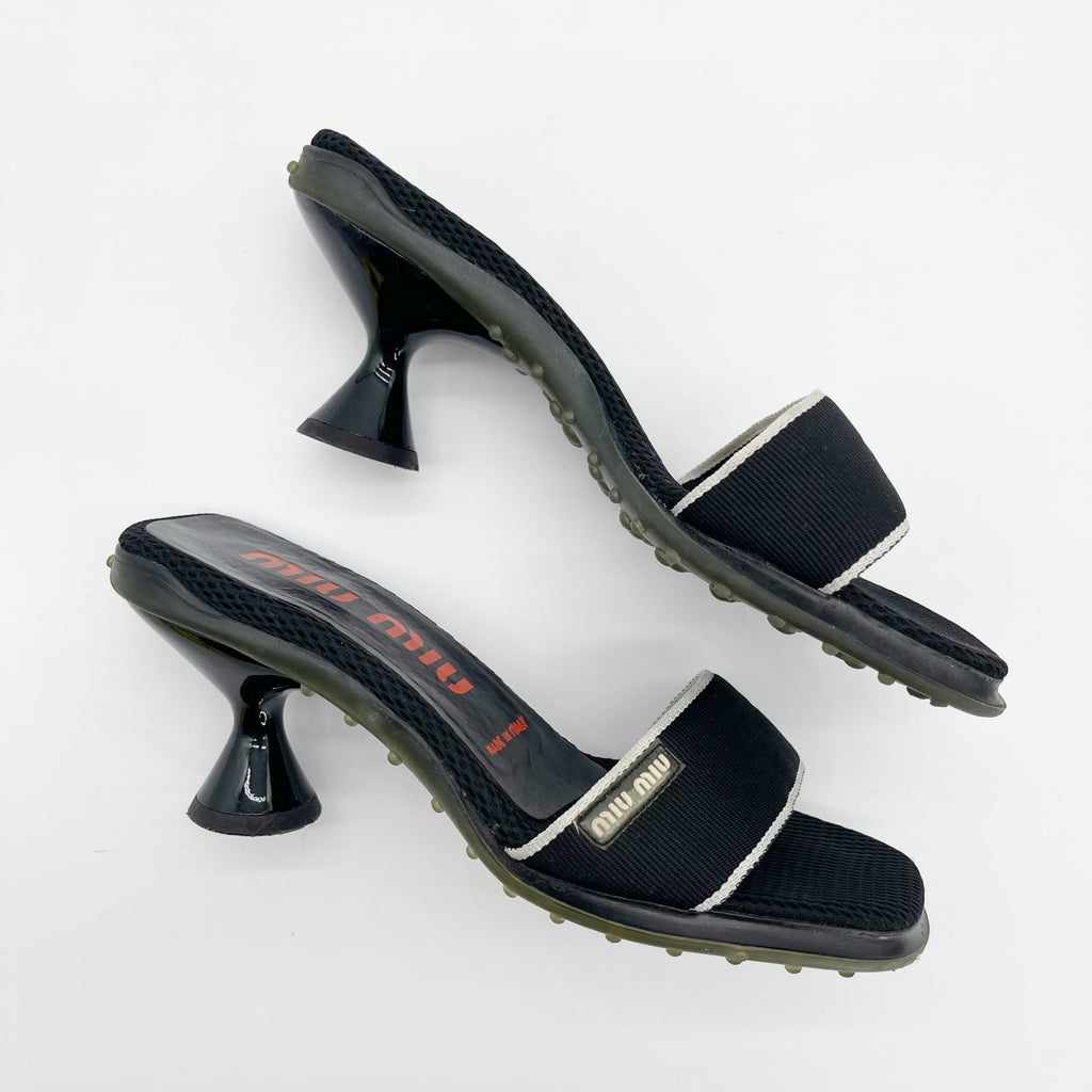Miu Miu Black Mesh Logo Kitten Heel Mules