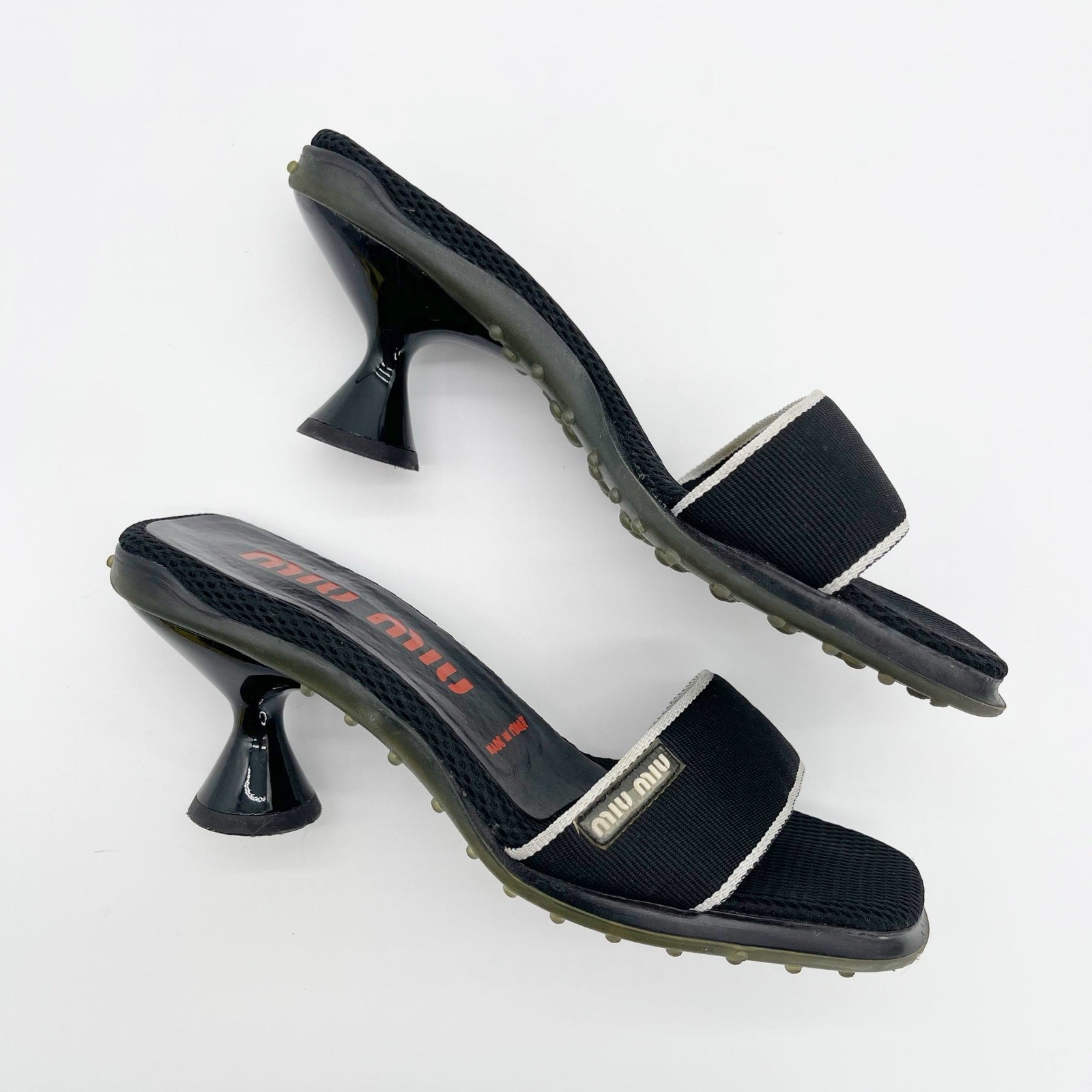 Miu Miu Black Mesh Logo Kitten Heel Mules