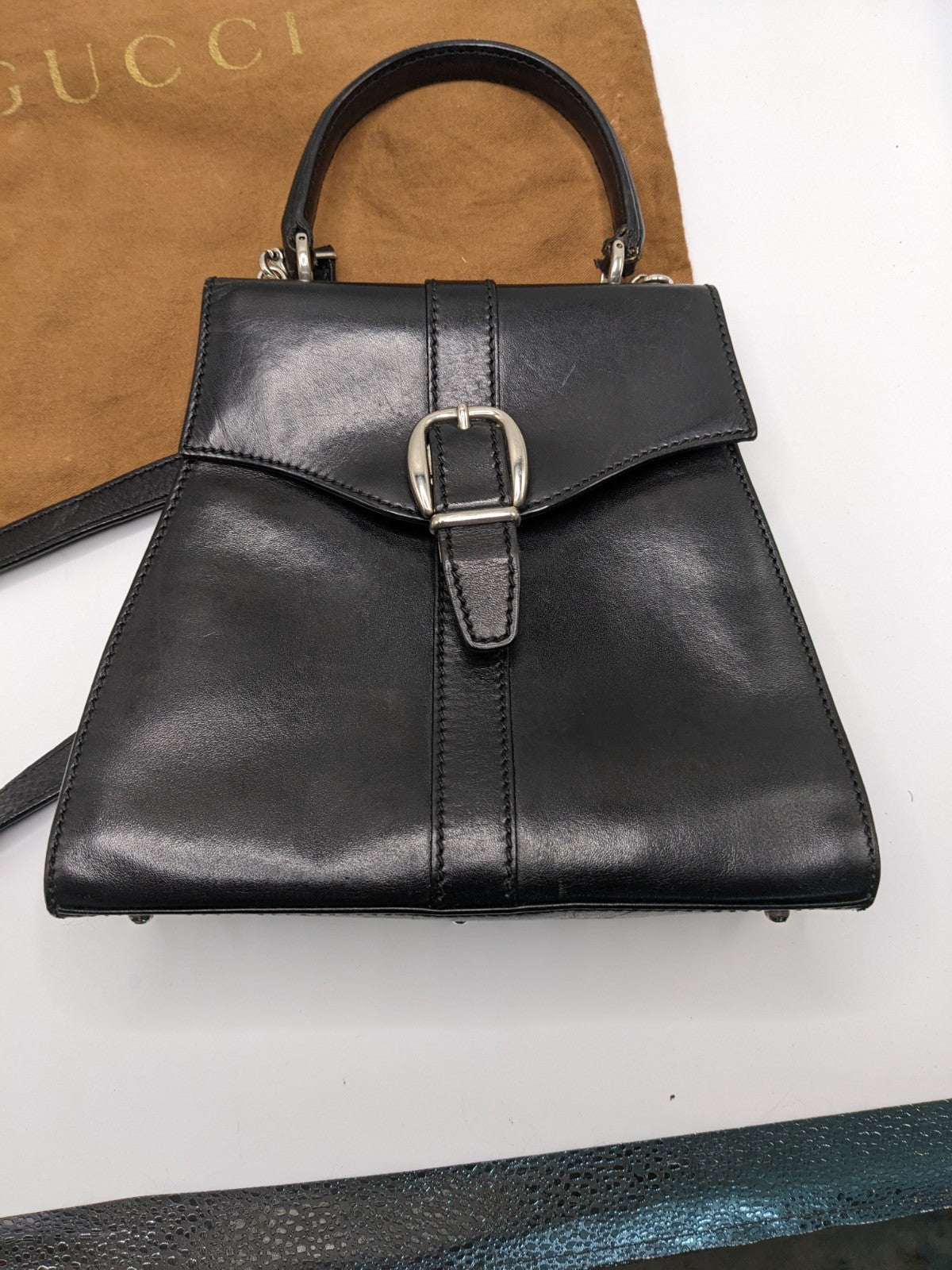 Gucci Black Leather Top Handle Crossbody Satchel Bag