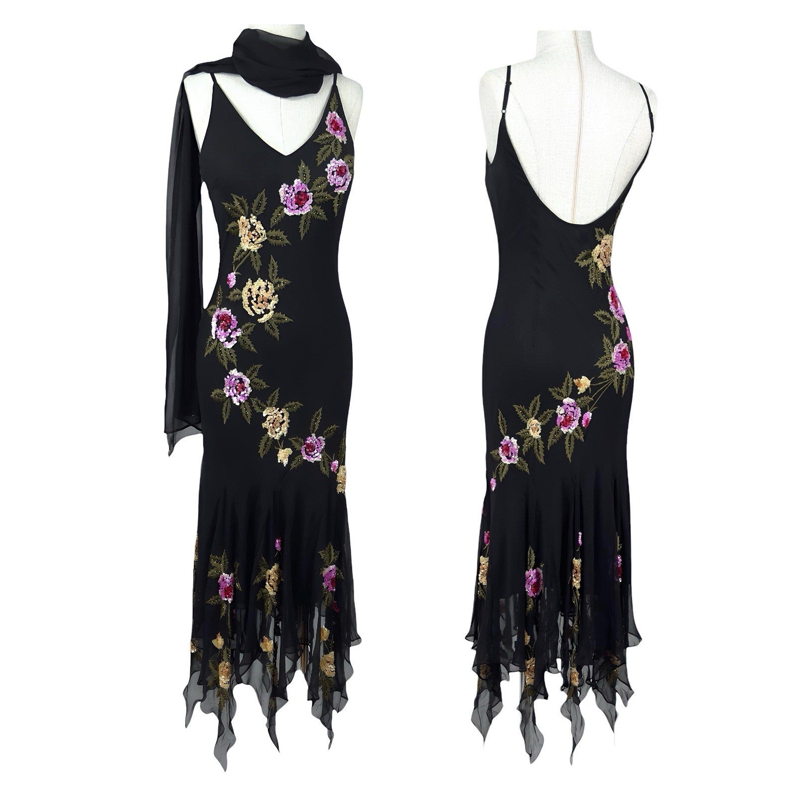 Black Silk Beaded Floral Embroidered Handkerchief Hem Dress