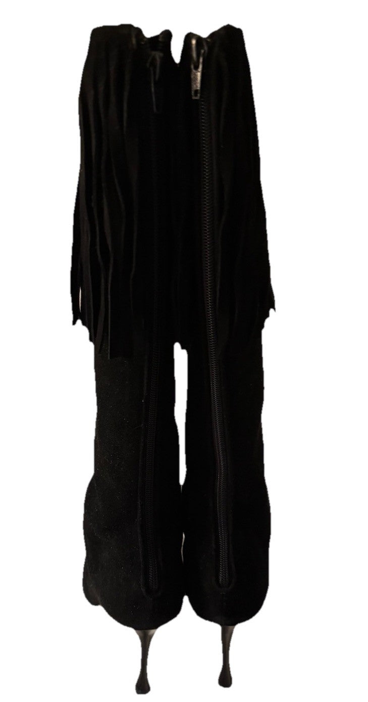 Manolo Blahnik Black Suede Knee-High Boots with Fringe Trim