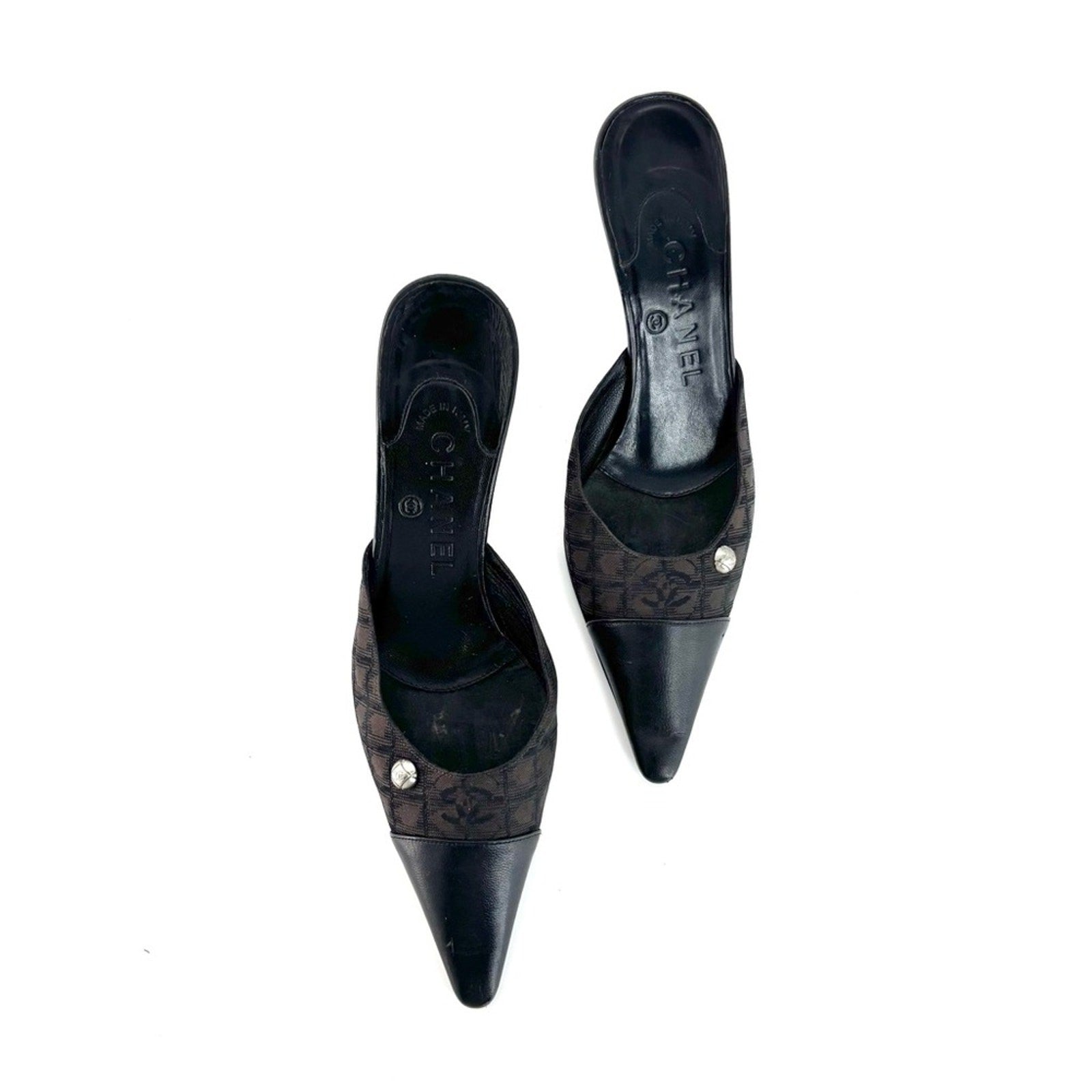 Chanel CC Logo Print Pointed Toe Mules