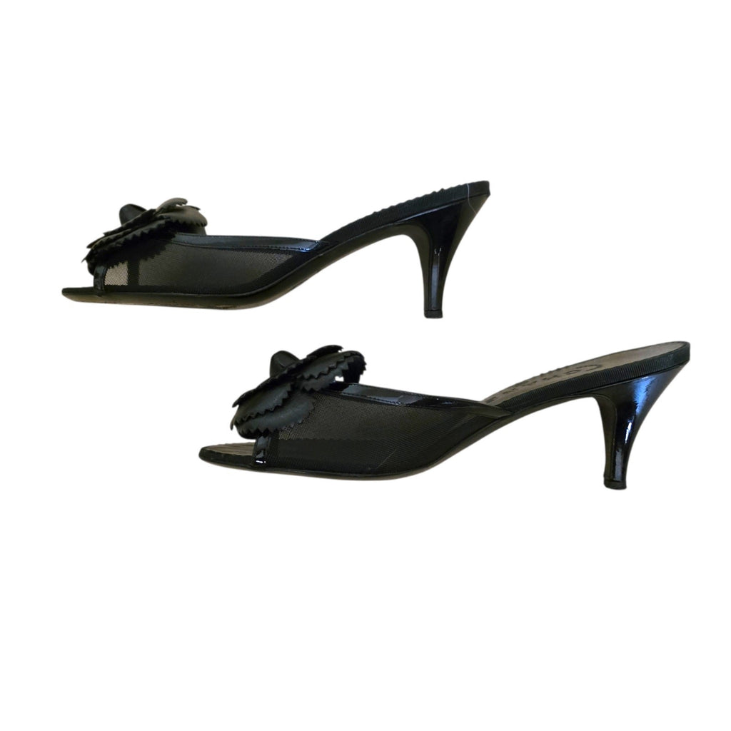 Chanel Mesh Camellia Flower Mules, Black Peep Toe Heels