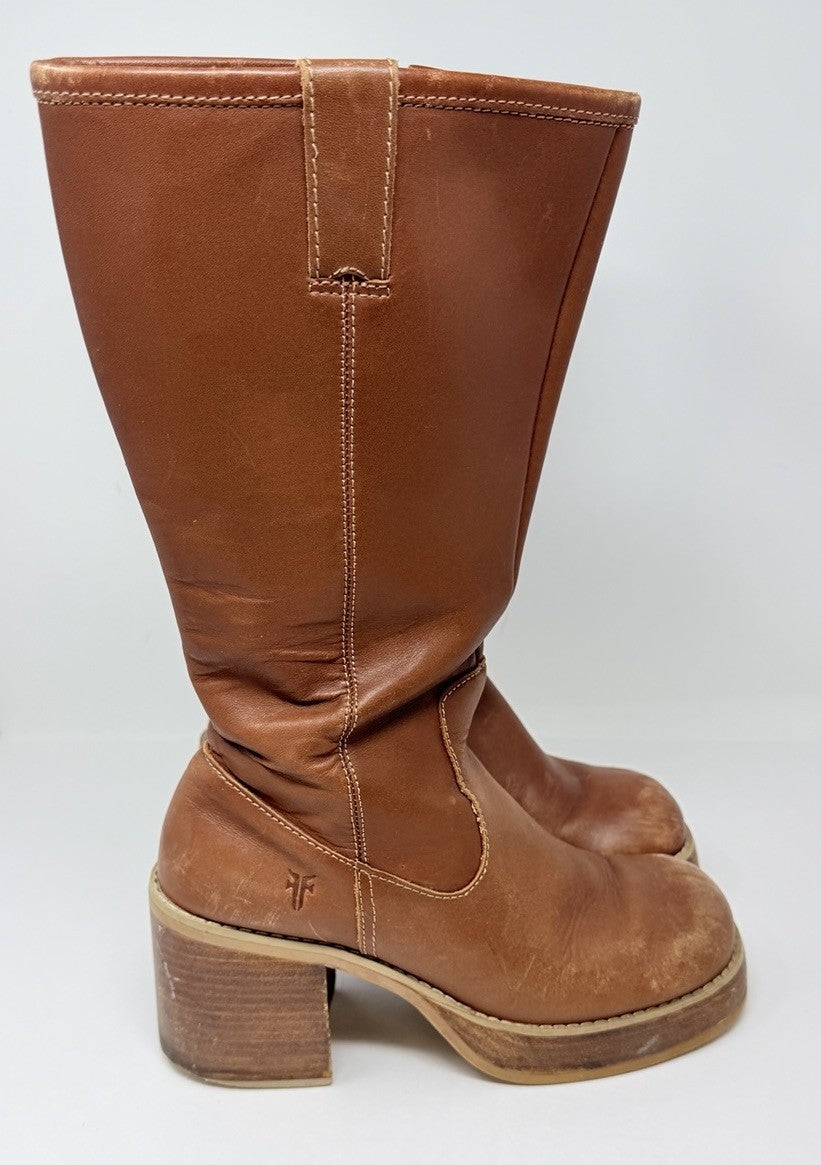 Frye Dorian Brown Leather Chunky Heel Platform Boots