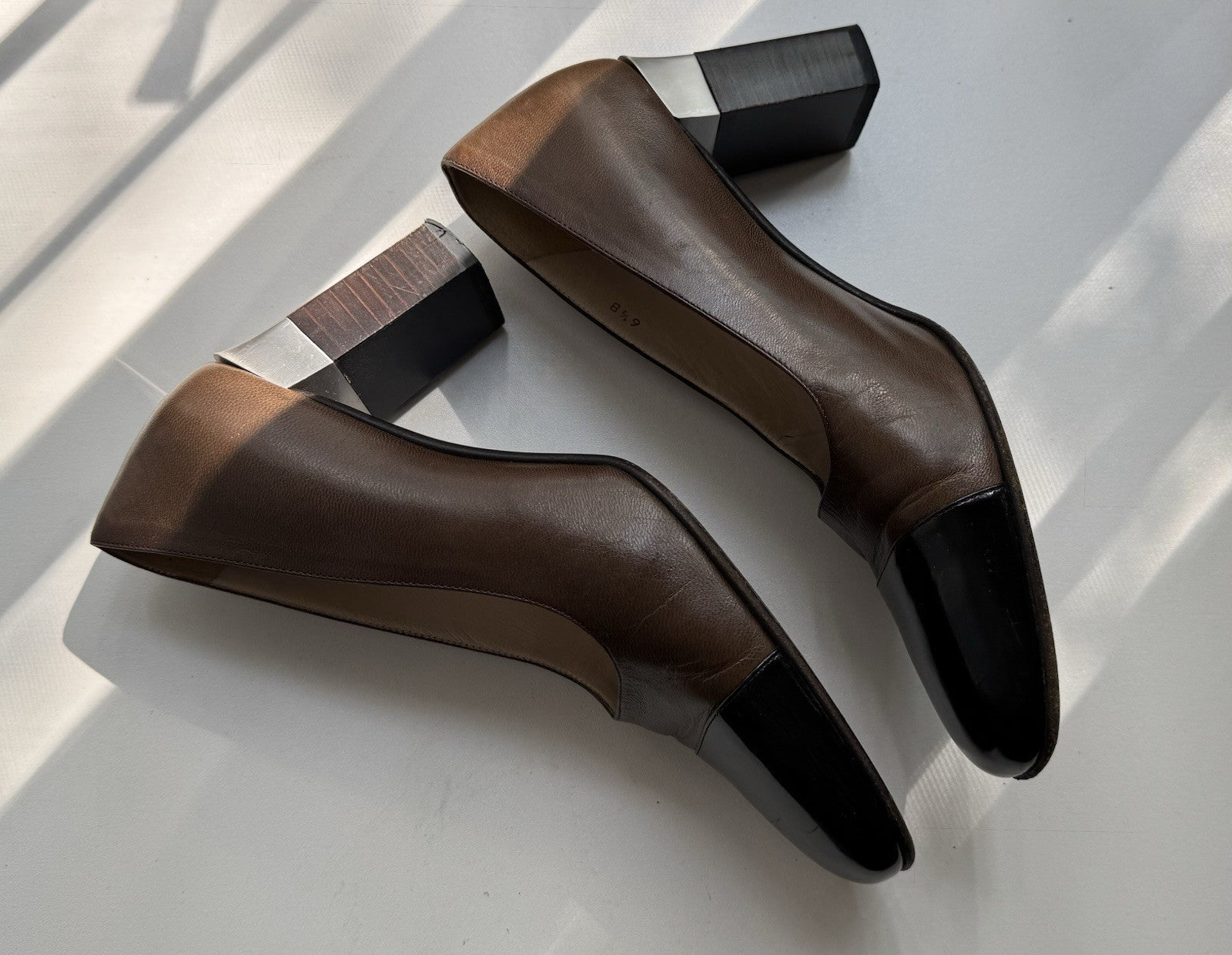Chanel Two-Tone Metallic Silver and Brown Leather Cap Toe Pumps