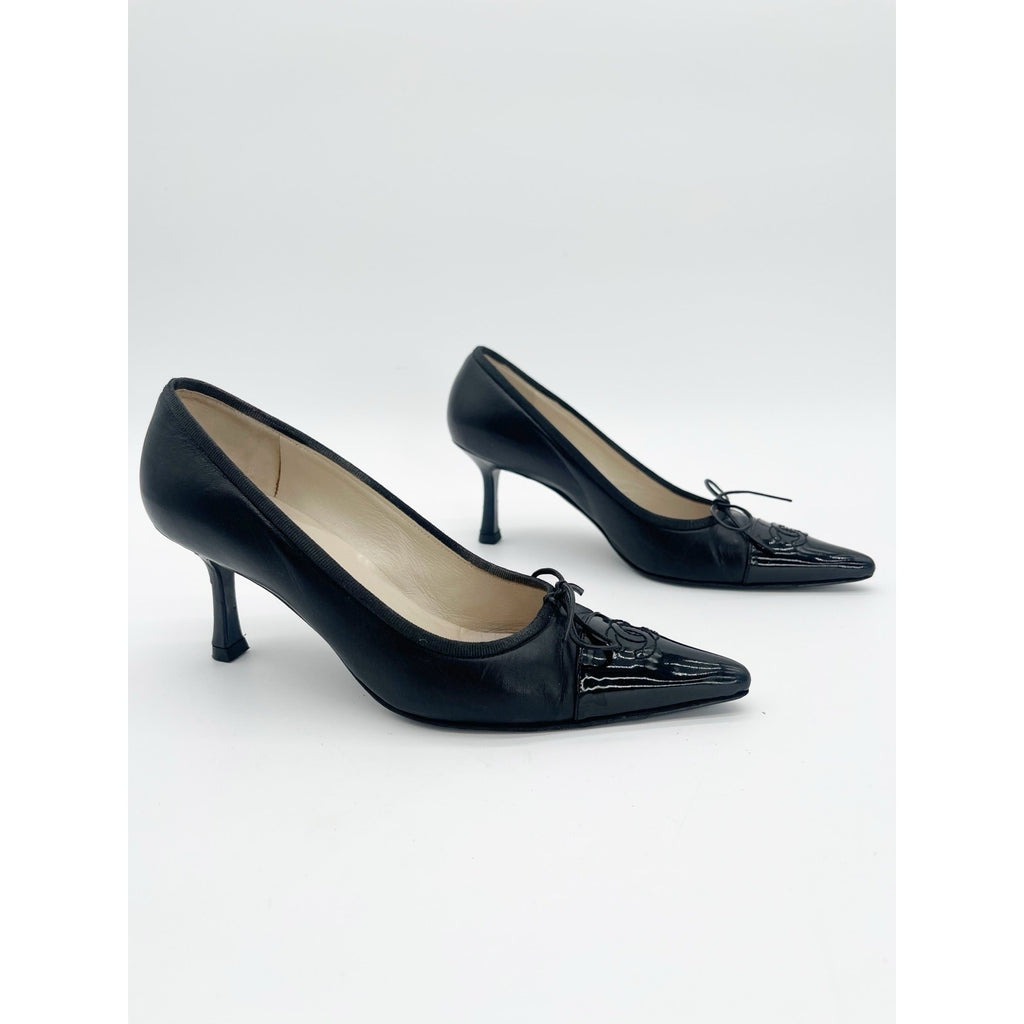 Chanel Vintage Black Patent Leather CC Bow Cap Toe Pumps, EU 36
