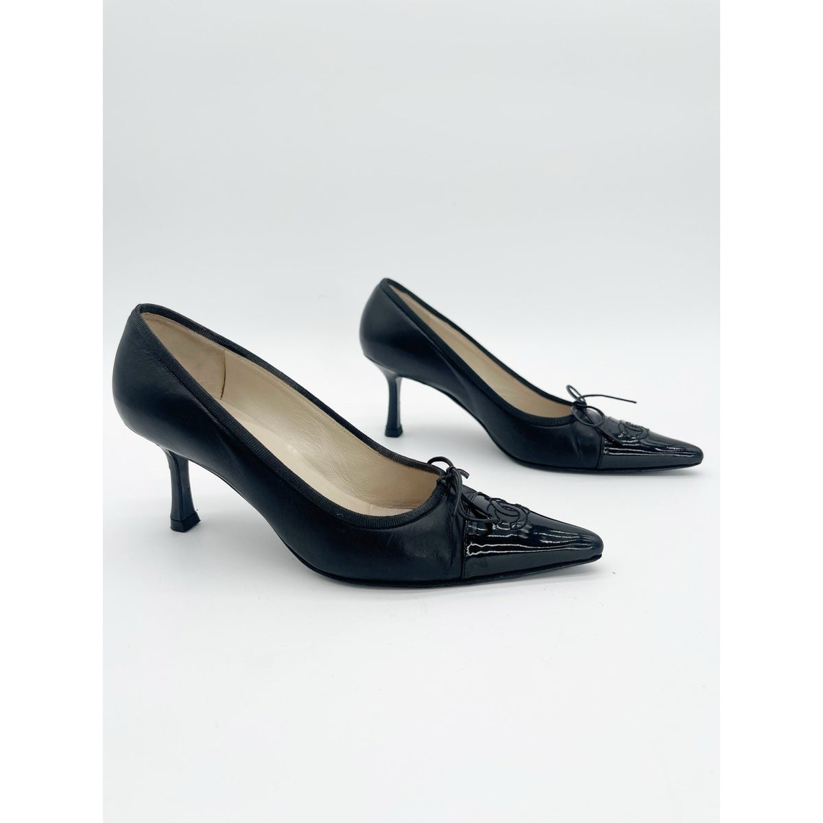 Chanel Vintage Black Patent Leather CC Bow Cap Toe Pumps, EU 36