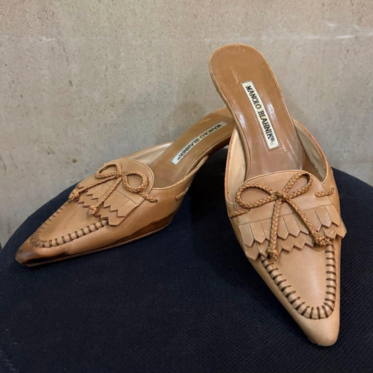 Manolo Blahnik Bow Fringe Pointed Toe Kitten Heel Mules