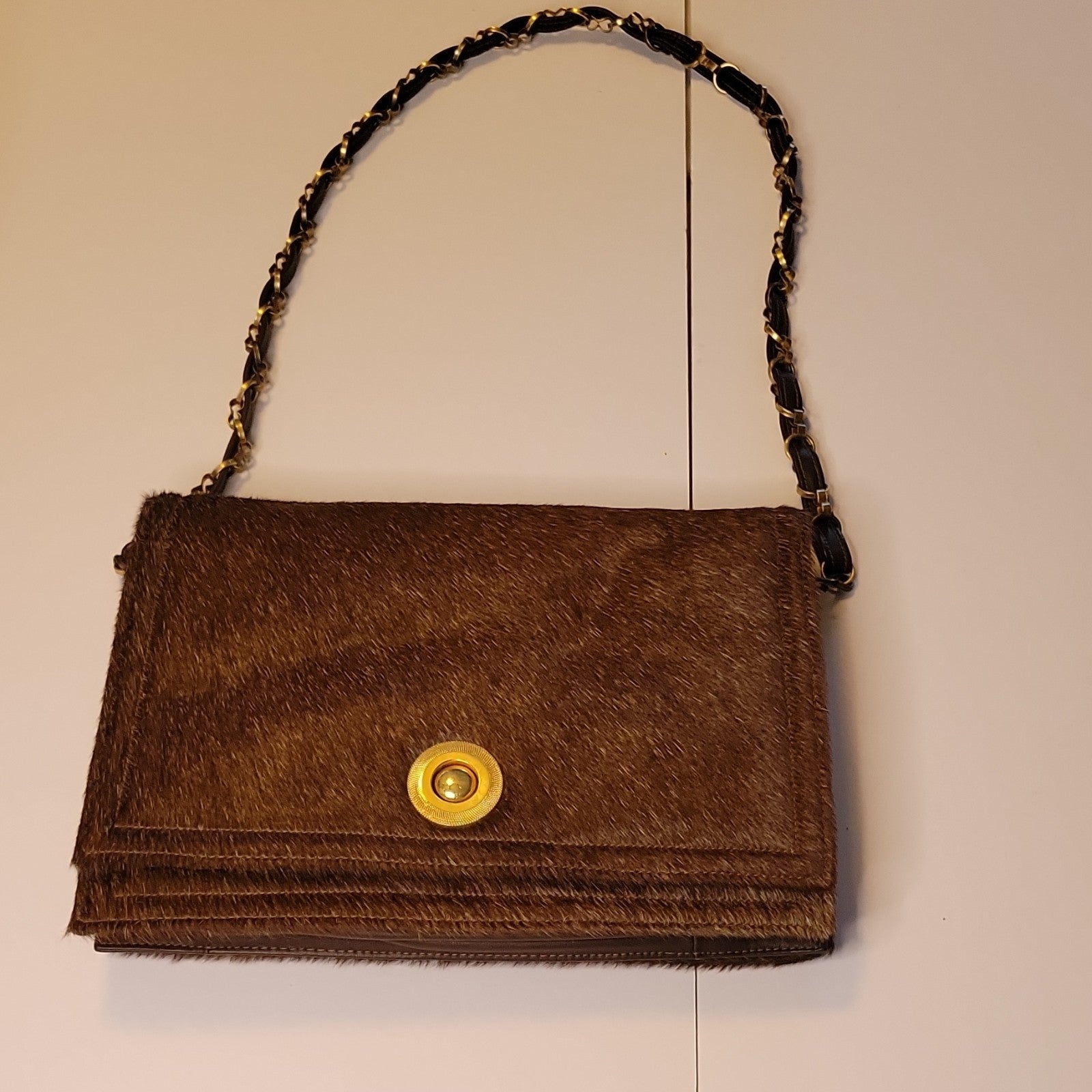 Haircalf Leather Shoulder Bag, Brown Pony Hair Chain Strap