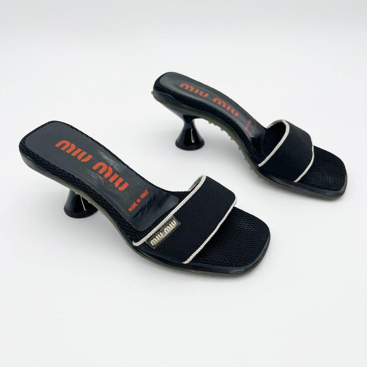 Miu Miu Black Mesh Logo Kitten Heel Mules